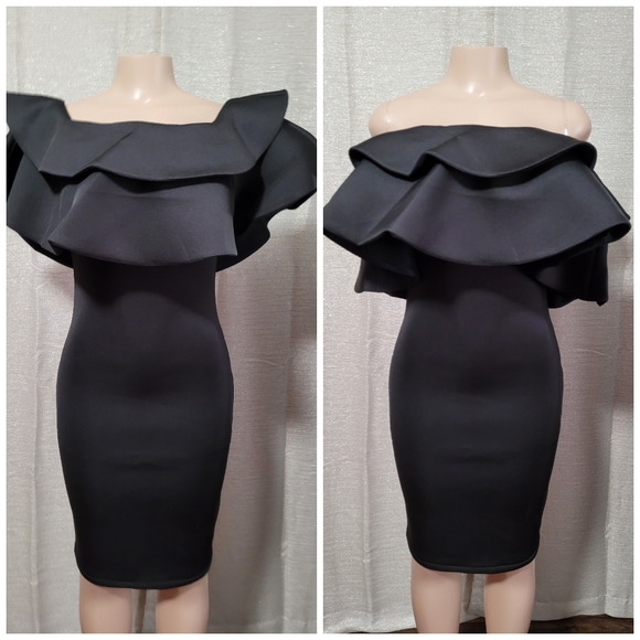 Fashion Sexy Black midi Dress size L S strech,. Thick material neoprene fabric. - Picture 9 of 11